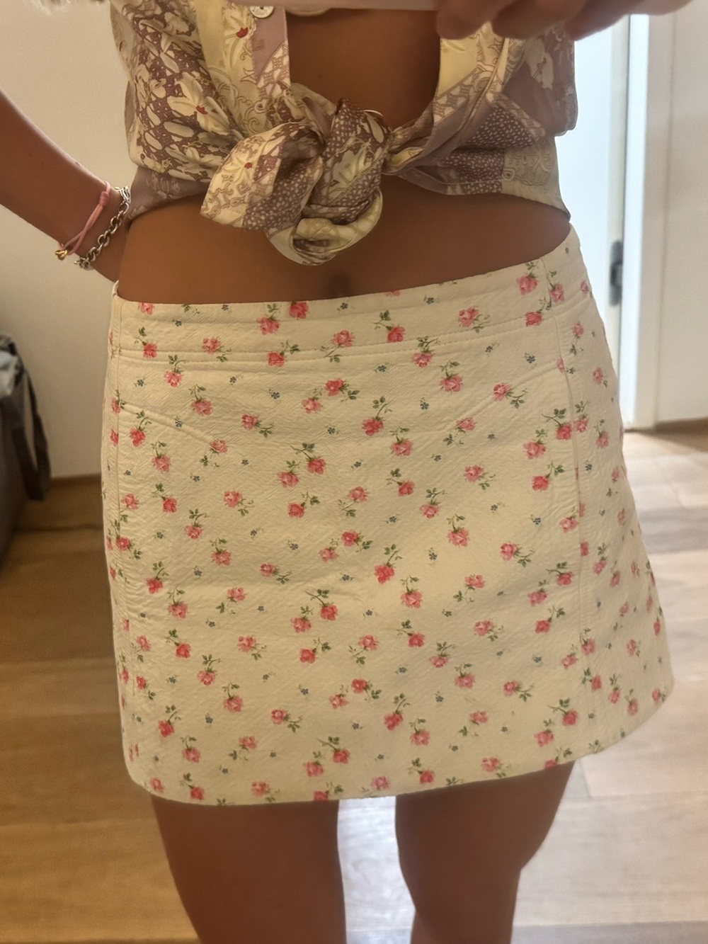 Floral Cream Mini Skirt with Pink Rose Print